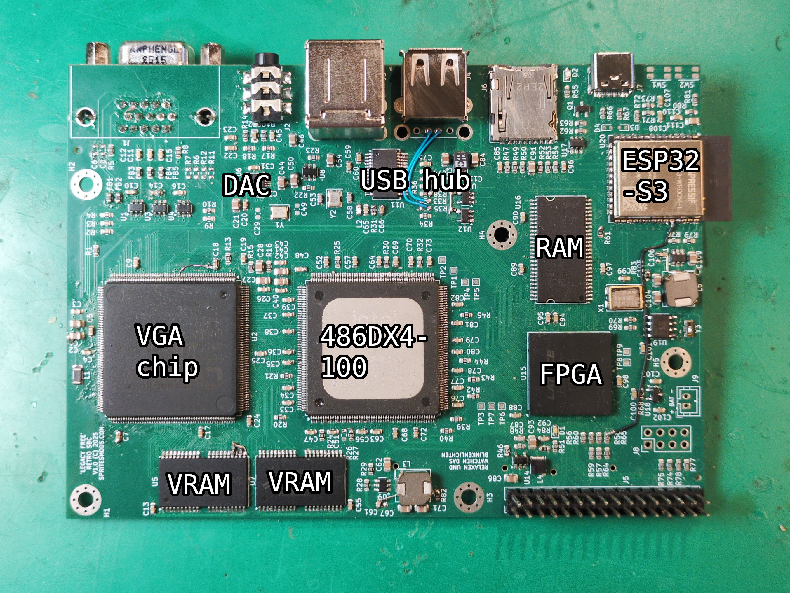Labeled VapourDeck PCB. CPU, FPGA, VGA chip, RAM, VRAM, audio codec, ESP32-S3 and USB-hubchip are all labeled.