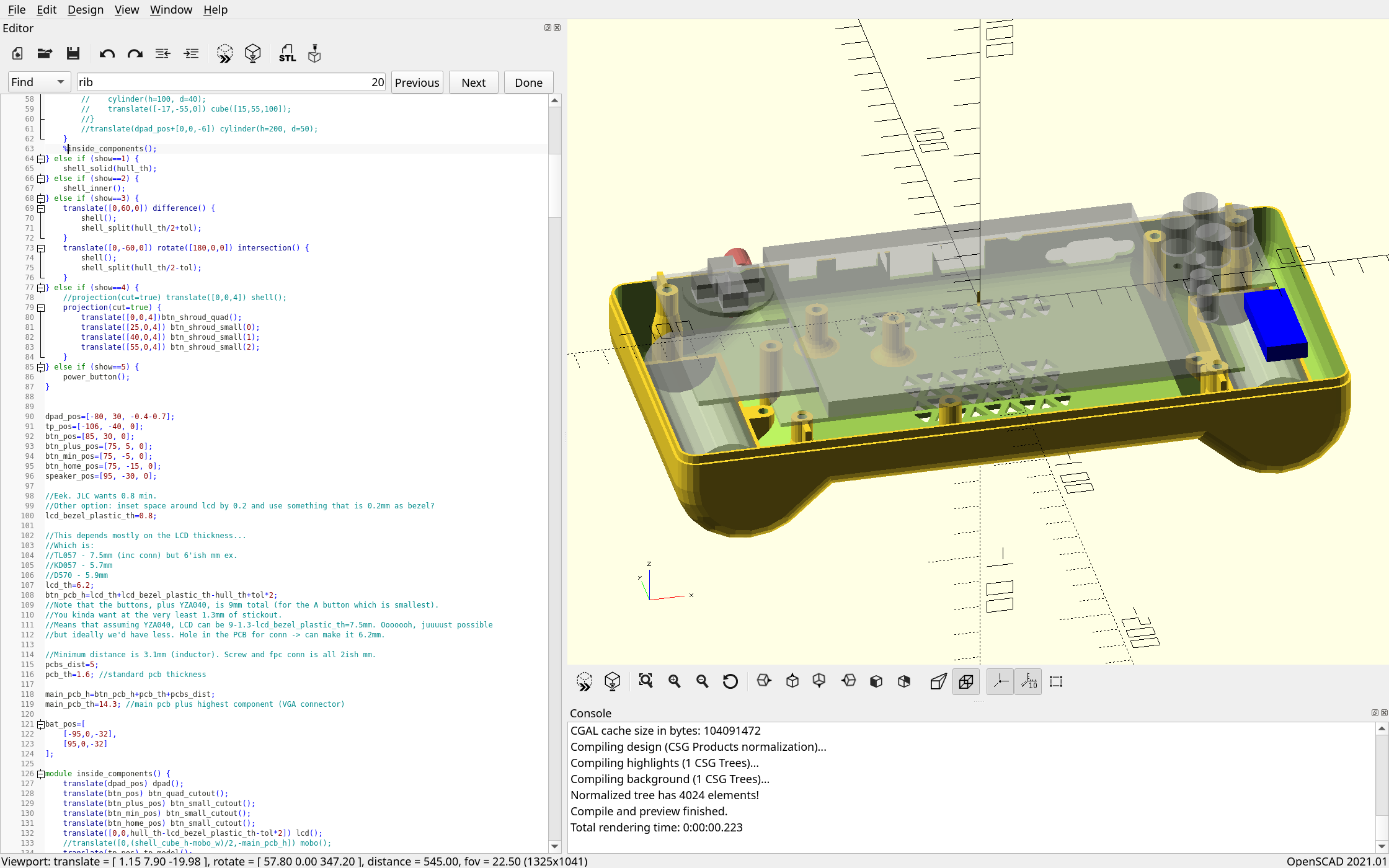 Window with OpenSCAD open, text on the left, render of case with transparent inner components on the right